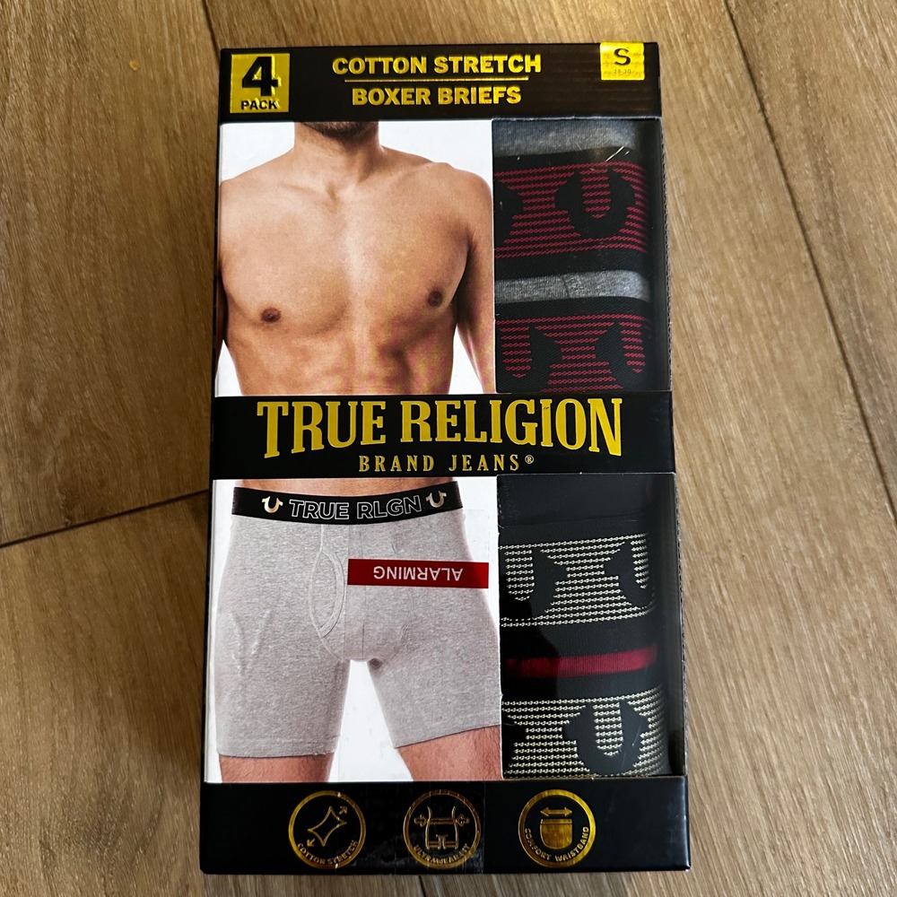 True Religion Mens 4 Pack Cotton Stretch Boxer Briefs Small Grey Red Black Logo